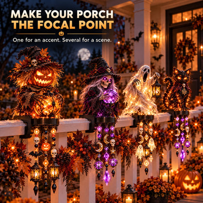 📍🎃 Halloween Character Glow Cascade Railing Lights – Pumpkin, Witch, Ghost & Black Cat