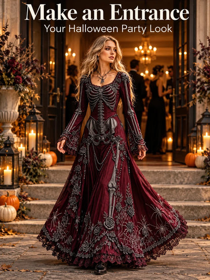 👗Gothic Skeleton Maxi Dress for Halloween | Bell Sleeve 🕸️