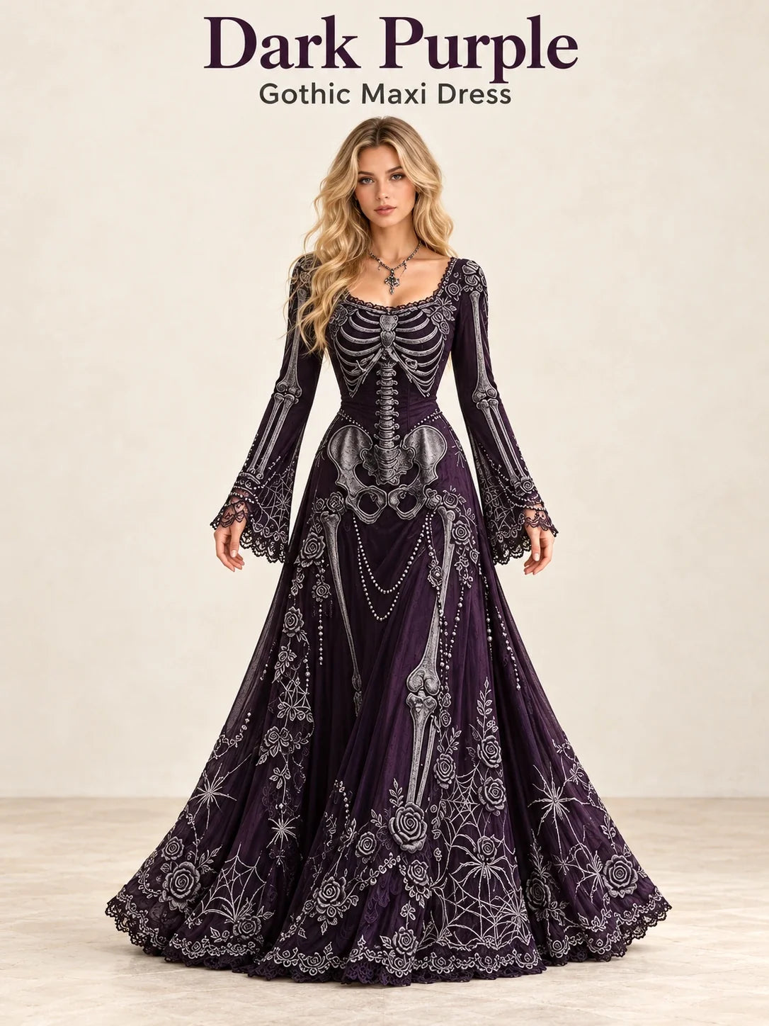 👗Gothic Skeleton Maxi Dress for Halloween | Bell Sleeve 🕸️