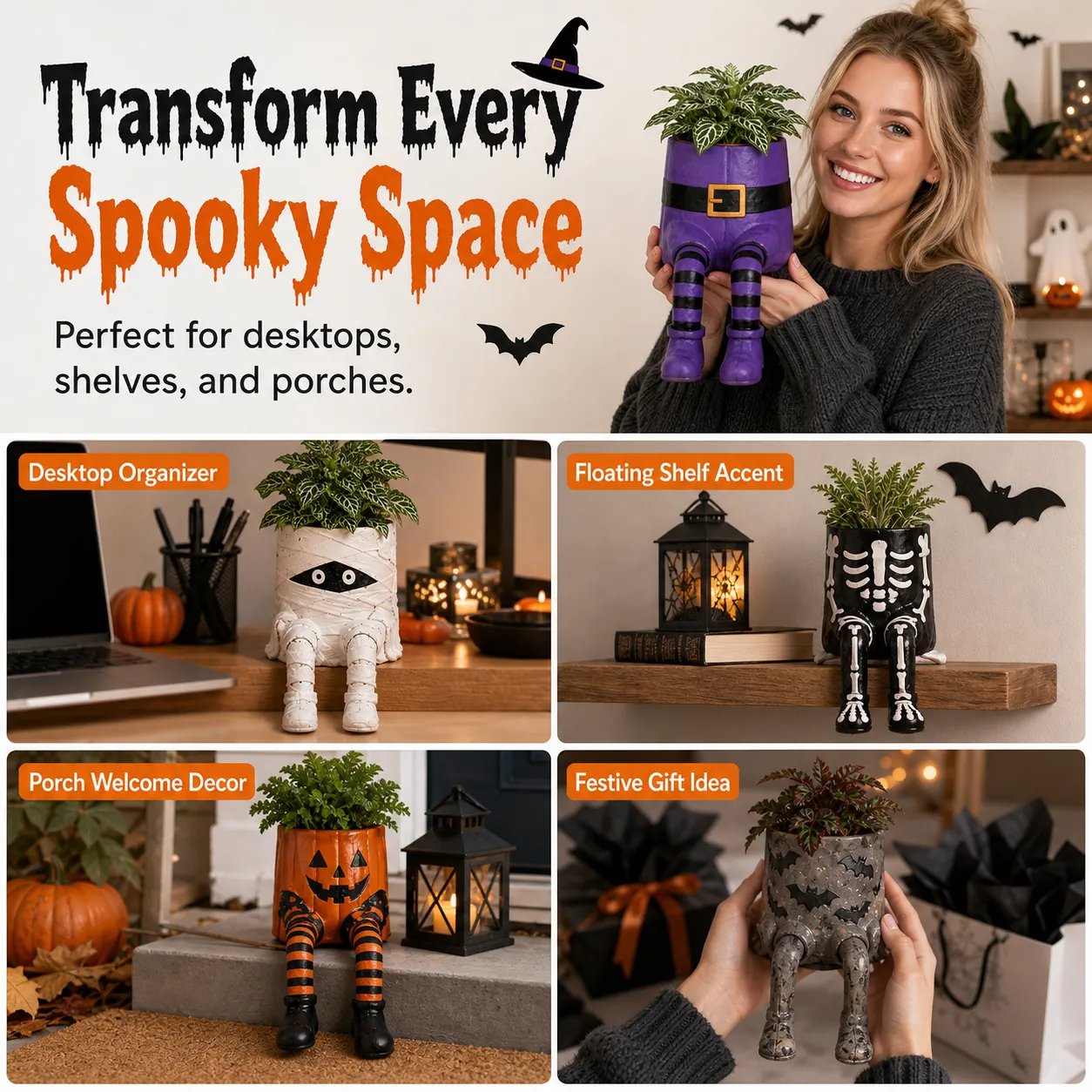 💯 49% OFF – 🎃 Halloween Hanging Leg Planter | Hand-Painted Resin Character Pot for Succulents, Shelves, Desks, Porches & Spooky Seasonal Displays 🪴