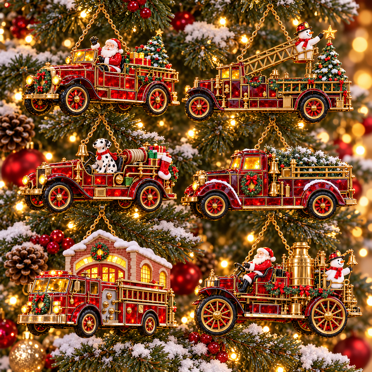 🚒🎄2026 Vintage Fire Truck Christmas Ornaments – Set of 6 | Stained-Glass Style with Festive Holiday Scenes & Golden Accents