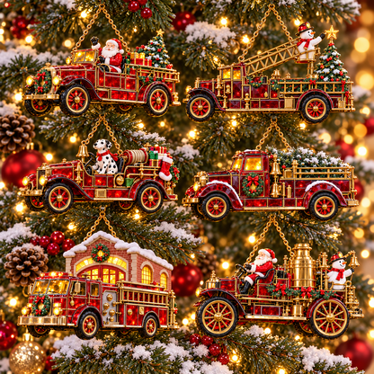 🚒🎄2026 Vintage Fire Truck Christmas Ornaments – Set of 6 | Stained-Glass Style with Festive Holiday Scenes & Golden Accents