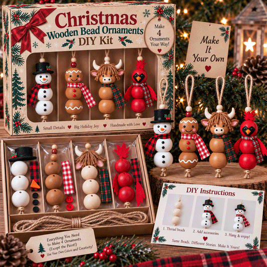 🎄 Christmas Wooden Bead Ornament DIY Kit – Set of 4