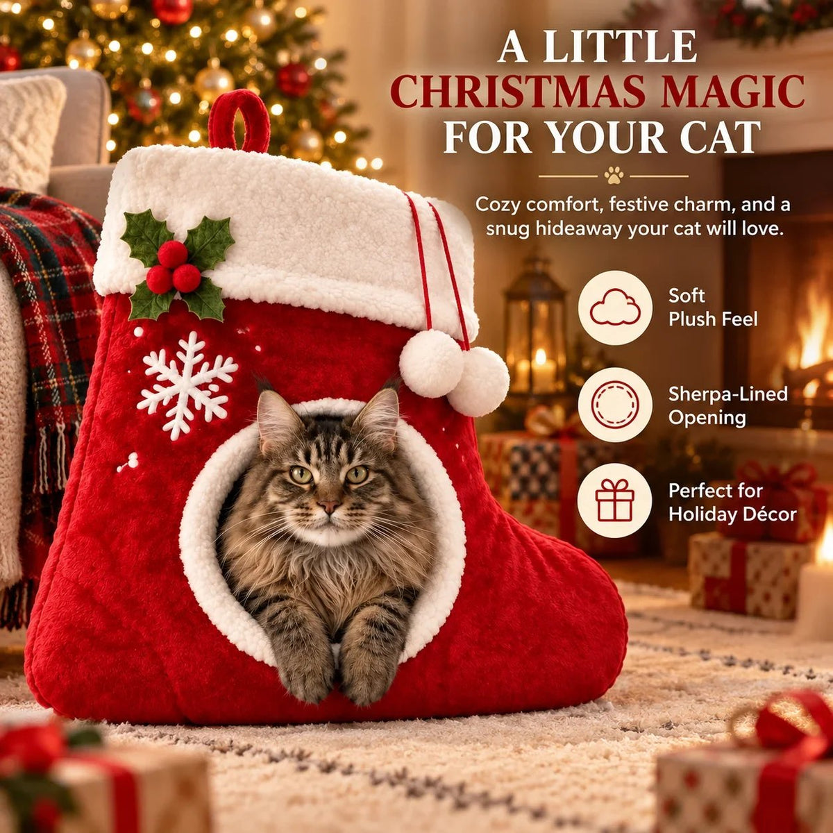 💯🎄 Christmas Stocking Cat Bed – Ultra-Soft Sherpa Cozy Hideaway for Cats 🐱