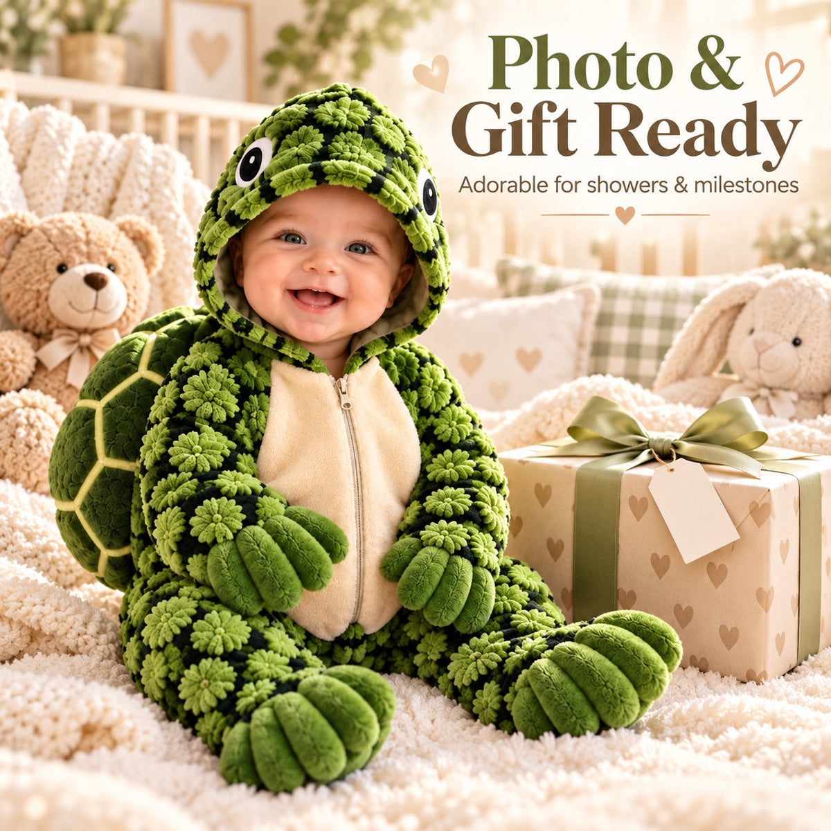 🐢 Little Turtle Plush 3D Shell Baby Onesie – Cute Hooded Cozy Romper
