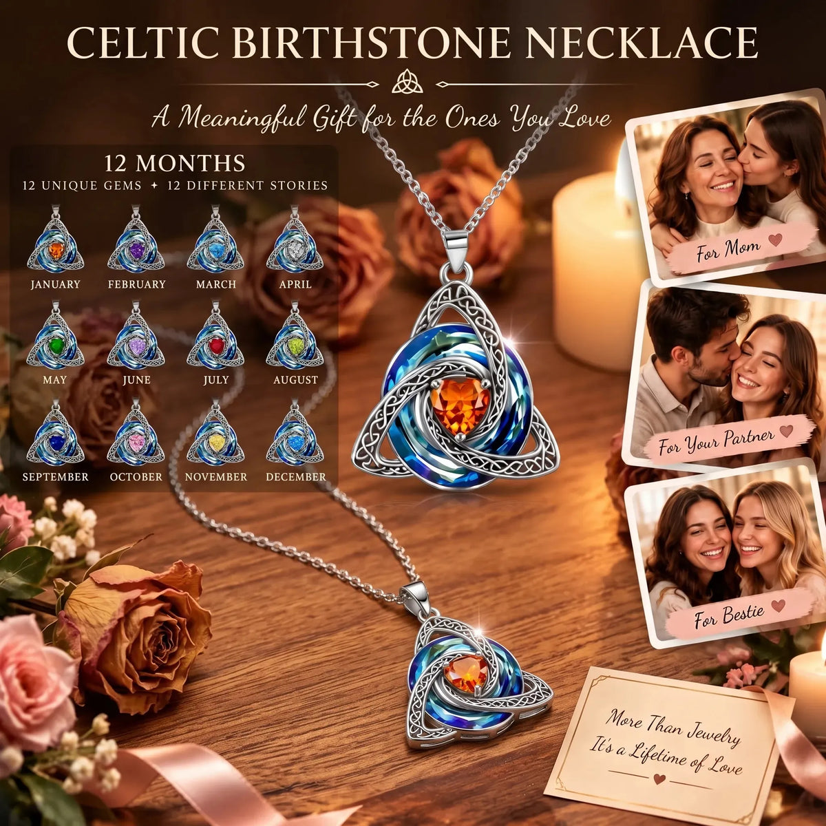 💎 12 Birthstone Celtic Knot Necklace for Women – Personalized Birth Month Jewelry Gift