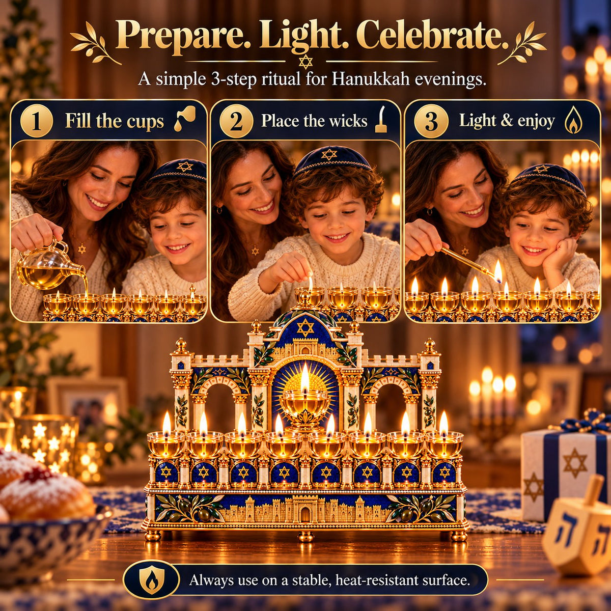 🕎 8-Night Hanukkah Oil Lamp Centerpiece – Traditional Menorah-Inspired Holiday Decor