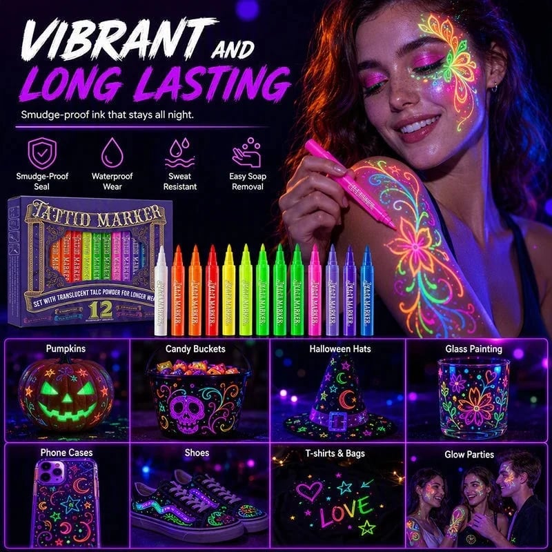 ✨ Glow Party Tattoo Pens – Neon Temporary Tattoo Markers for Parties, Festivals & Night Events 🎨🌈