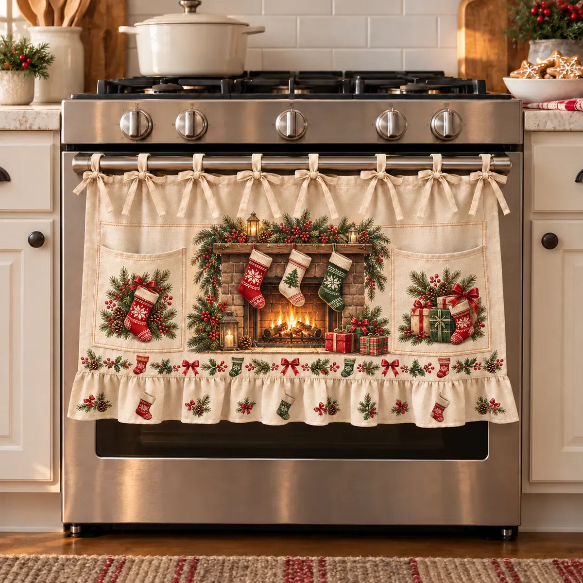 🎄 Christmas Kitchen Tie-On Skirt | Festive Holiday Designs with Pockets & Ruffled Trim ✨
