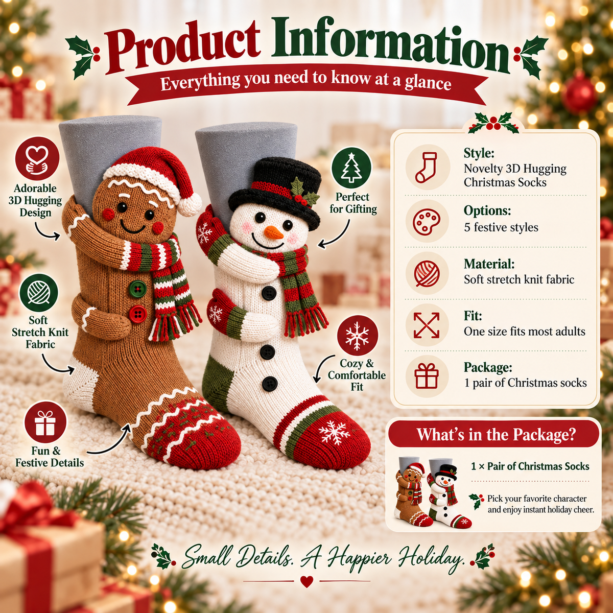 🎄 3D Hugging Christmas Character Socks – Cozy Knit Holiday Gift Socks