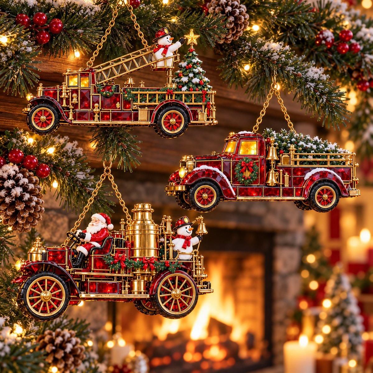 🚒🎄2026 Vintage Fire Truck Christmas Ornaments – Set of 6 | Stained-Glass Style with Festive Holiday Scenes & Golden Accents
