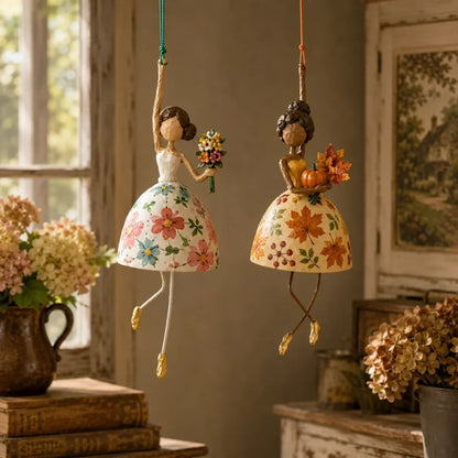 🌸 Hand-Painted Dancing Lady Hanging Ornament — Whimsical Folk Art That Danced Off the Page | Handcrafted Floral Bell-Skirt, Wire Legs & Little Songbird Charm | Charming Decor for Porch, Sunroom, Nursery & Reading Nook