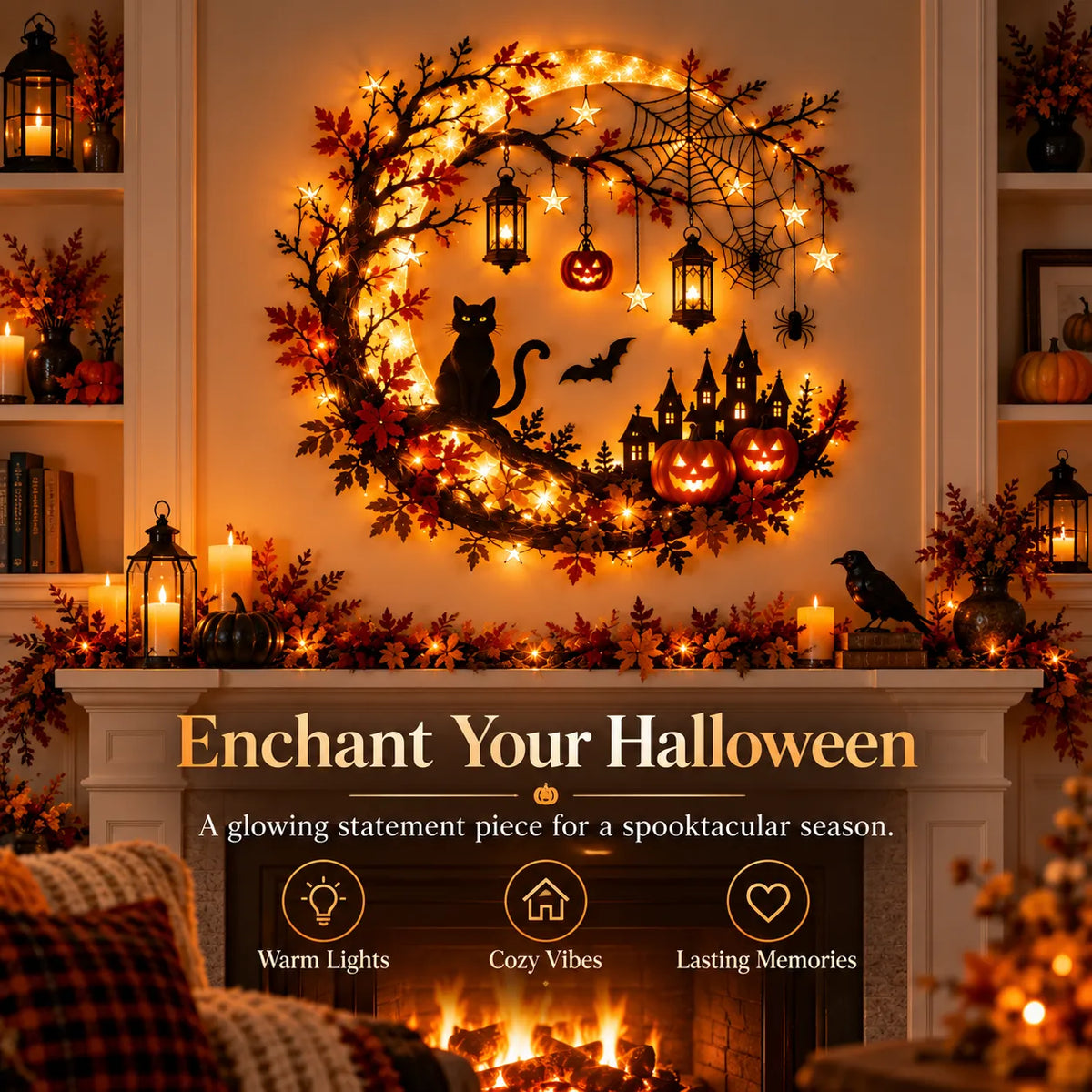 🎃 Enchanting Halloween Crescent Moon Wall Light with Black Cat & LED Lanterns 🐈