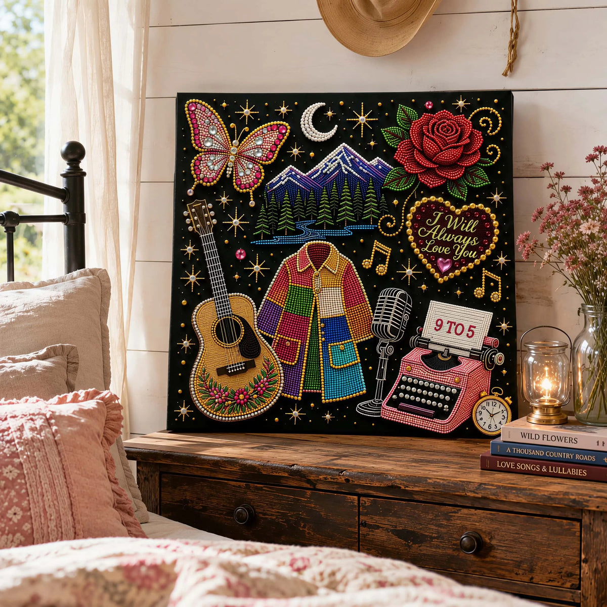 💥 LAST DAY 49% OFF – 🎶 Country Music 3D Pearl Art Kit 💎 – DIY Flocked Canvas Tribute Craft with Resin Pearls