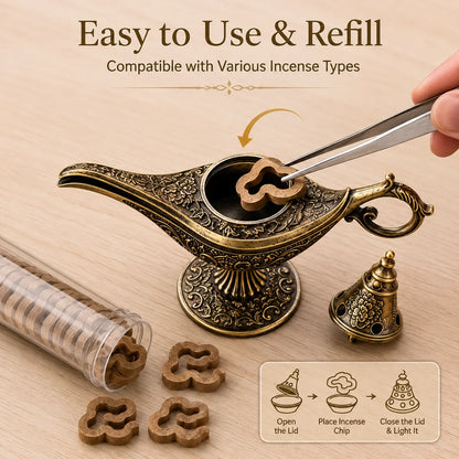 🔥Vintage Aladdin Genie Lamp Incense Holder🎁42 Sandalwood Chips Free