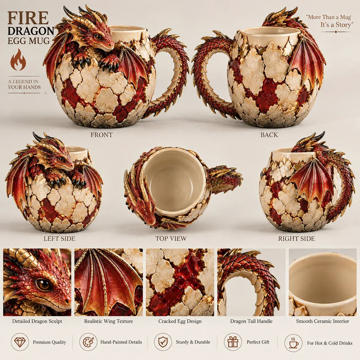 🐉✨ Dragonbound Realms™ 3D Dragon Mug Collection – 6 Fantasy Designs with Sculpted Dragon Details ☕