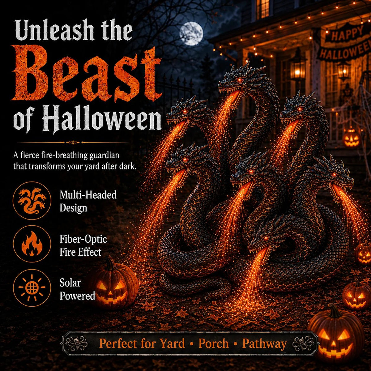 🔥HOT SALE🔥🎃 Fire-Breathing Orochi Solar Garden Light – Epic Multi-Headed Dragon Halloween Decor