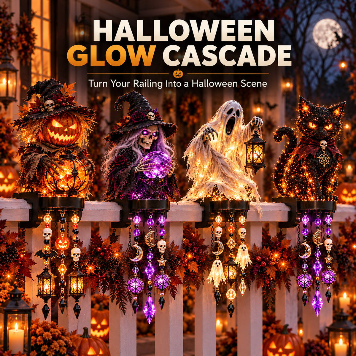 📍🎃 Halloween Character Glow Cascade Railing Lights – Pumpkin, Witch, Ghost & Black Cat
