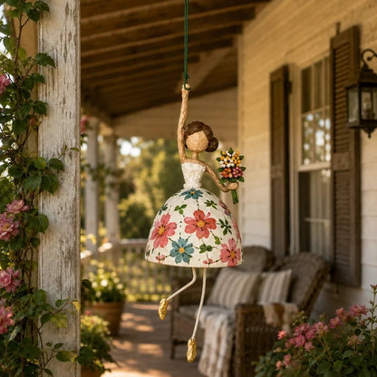 🌸 Hand-Painted Dancing Lady Hanging Ornament — Whimsical Folk Art That Danced Off the Page | Handcrafted Floral Bell-Skirt, Wire Legs & Little Songbird Charm | Charming Decor for Porch, Sunroom, Nursery & Reading Nook
