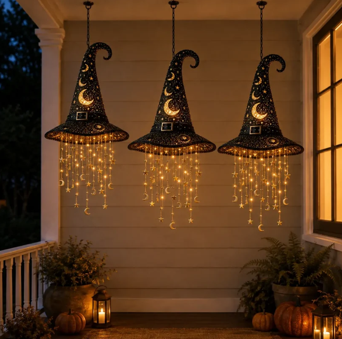 🧙‍♀️ Lighted Witch Hat Hanging Chime ✨ Battery-Powered Halloween Décor