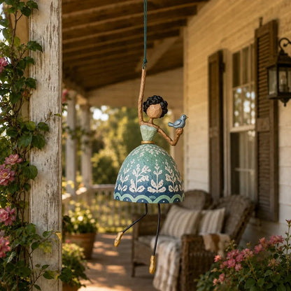 🌸 Hand-Painted Dancing Lady Hanging Ornament — Whimsical Folk Art That Danced Off the Page | Handcrafted Floral Bell-Skirt, Wire Legs & Little Songbird Charm | Charming Decor for Porch, Sunroom, Nursery & Reading Nook