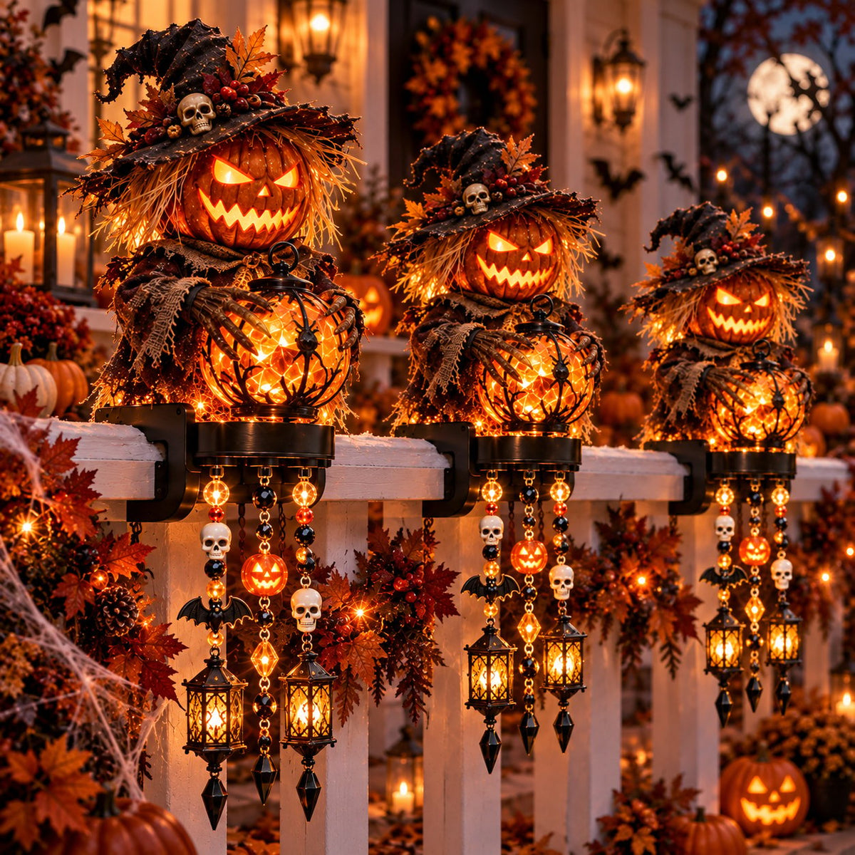 📍🎃 Halloween Character Glow Cascade Railing Lights – Pumpkin, Witch, Ghost & Black Cat