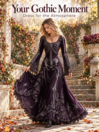 👗Gothic Skeleton Maxi Dress for Halloween | Bell Sleeve 🕸️