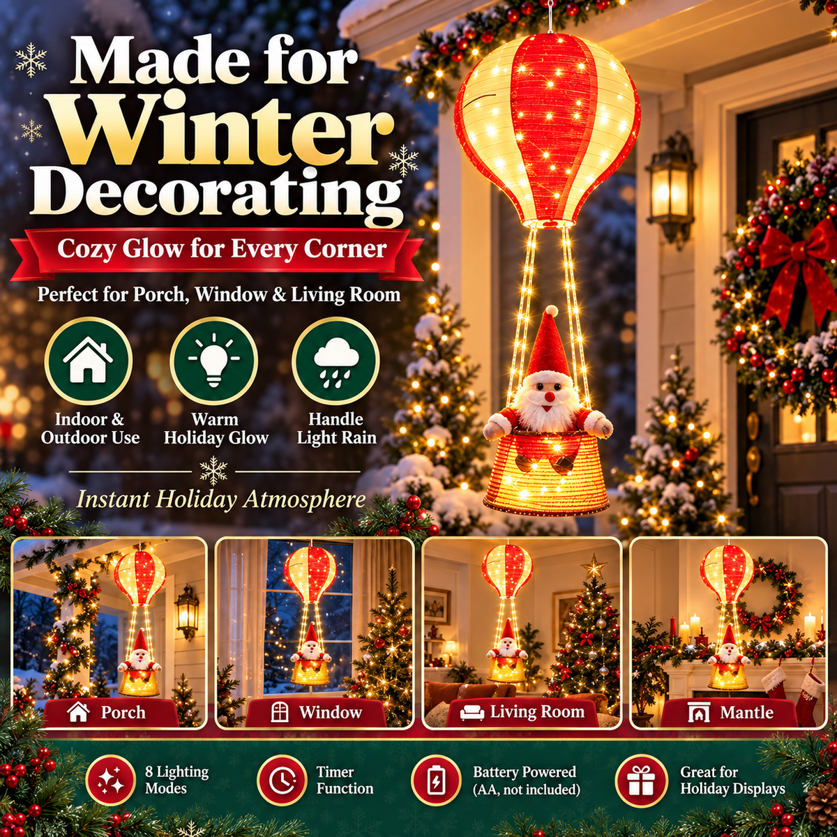 🎅  Santa Hot Air Balloon Christmas Lights – 125 LED Hanging Holiday Decoration ✨
