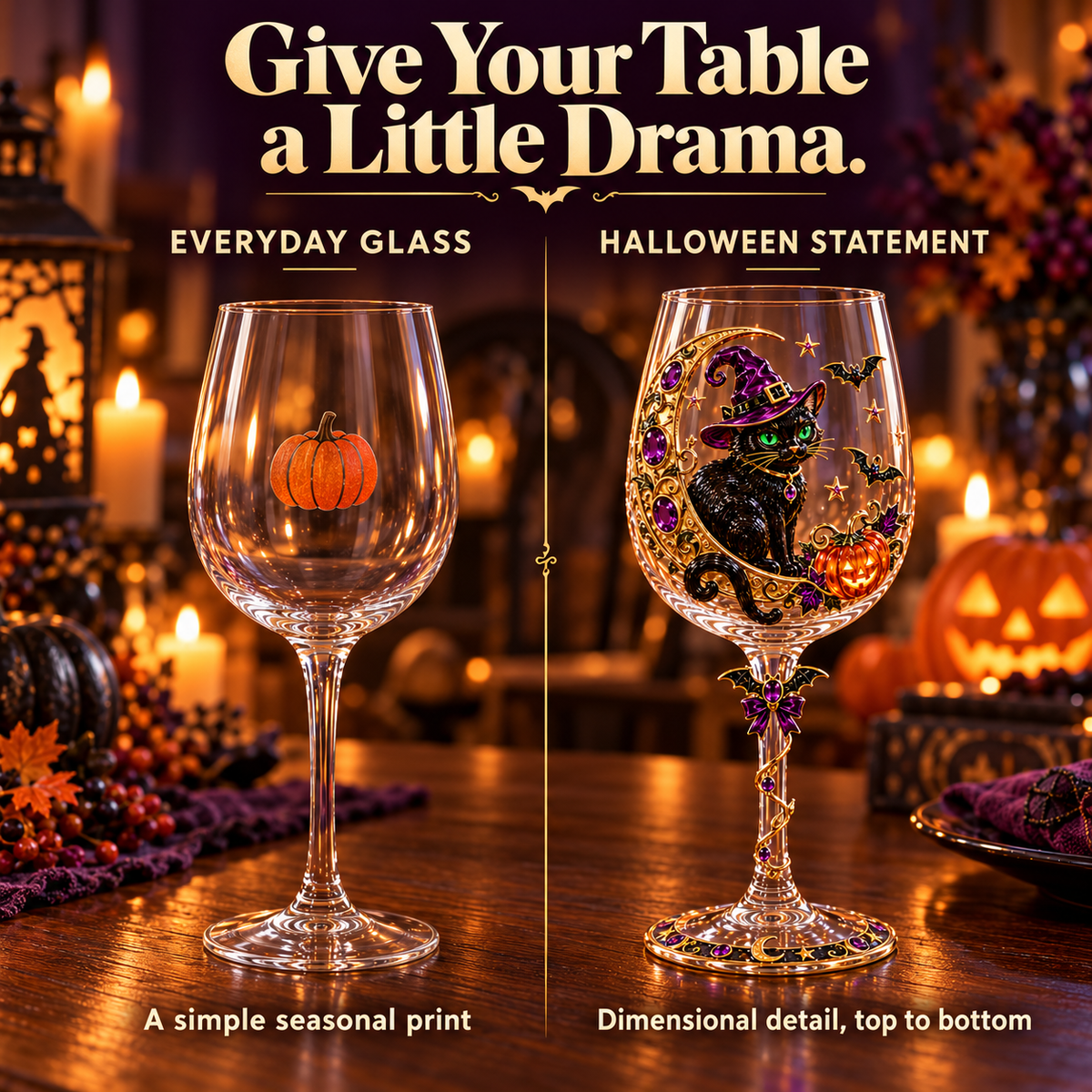 🎃 Enchanted Halloween Wine Glass – ✨ Stunning 3D Details for Spooky Sips & Magical Nights