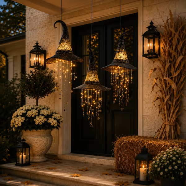 🧙‍♀️ Lighted Witch Hat Hanging Chime ✨ Battery-Powered Halloween Décor