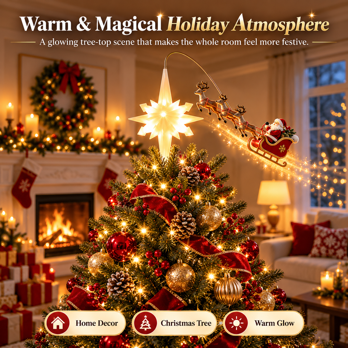 ✨ Flying Santa Lighted Christmas Tree Topper – LED Star with Reindeer Sleigh
