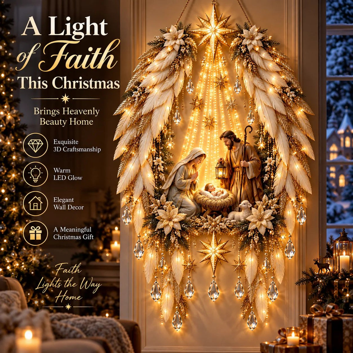 ✨Last Day 49% OFF✨✝️ Angel Wings Faith Nativity – Lighted Holy Birth Wall Decor