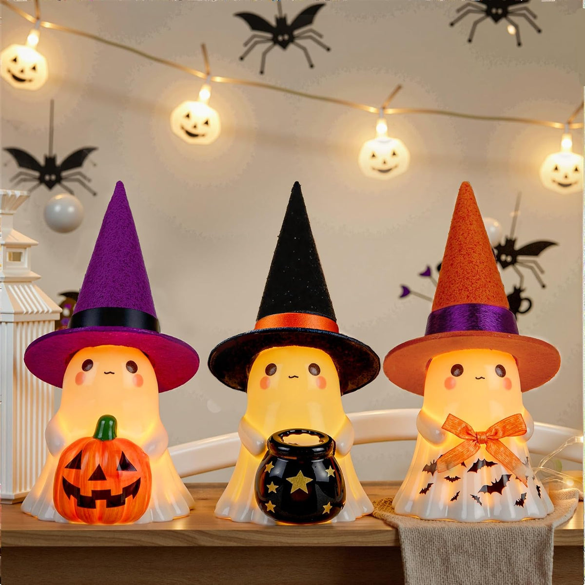 👻🌟3Pcs Light-up Ceramic Ghost Halloween Decor | Cute Ghost Figurines with Colorful Witch Hats