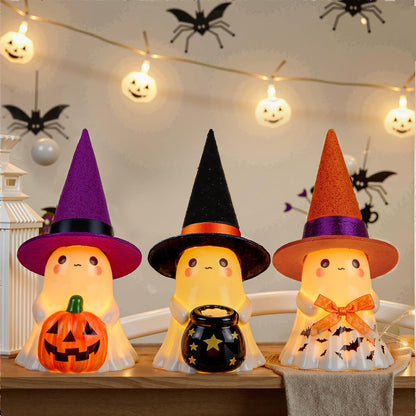 👻🌟3Pcs Light-up Ceramic Ghost Halloween Decor | Cute Ghost Figurines with Colorful Witch Hats
