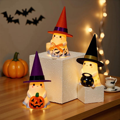👻🌟3Pcs Light-up Ceramic Ghost Halloween Decor | Cute Ghost Figurines with Colorful Witch Hats