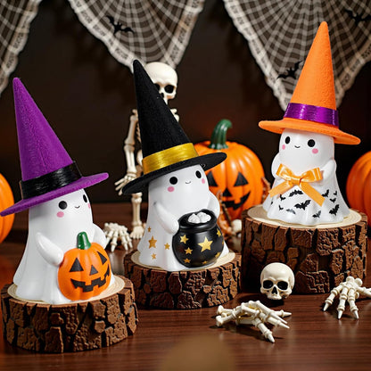 👻🌟3Pcs Light-up Ceramic Ghost Halloween Decor | Cute Ghost Figurines with Colorful Witch Hats