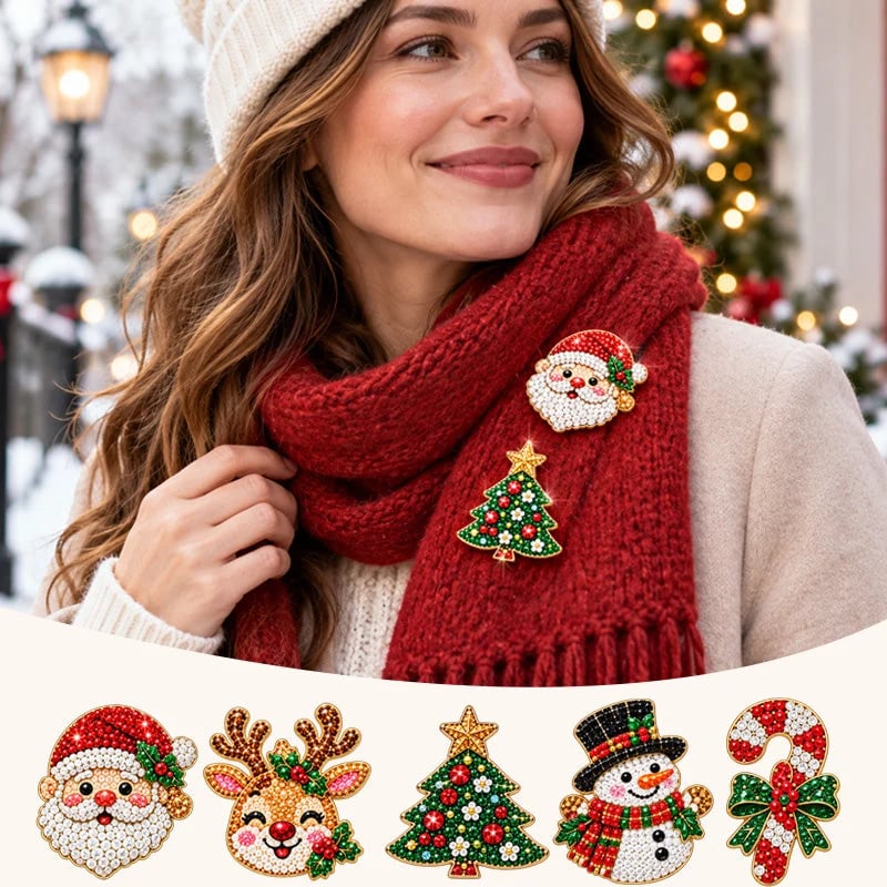 🎄Beginner-Friendly Christmas Diamond Painting Brooch DIY Kit | 6 Festive Designs with Sparkling Gems & Pin Backs 💎