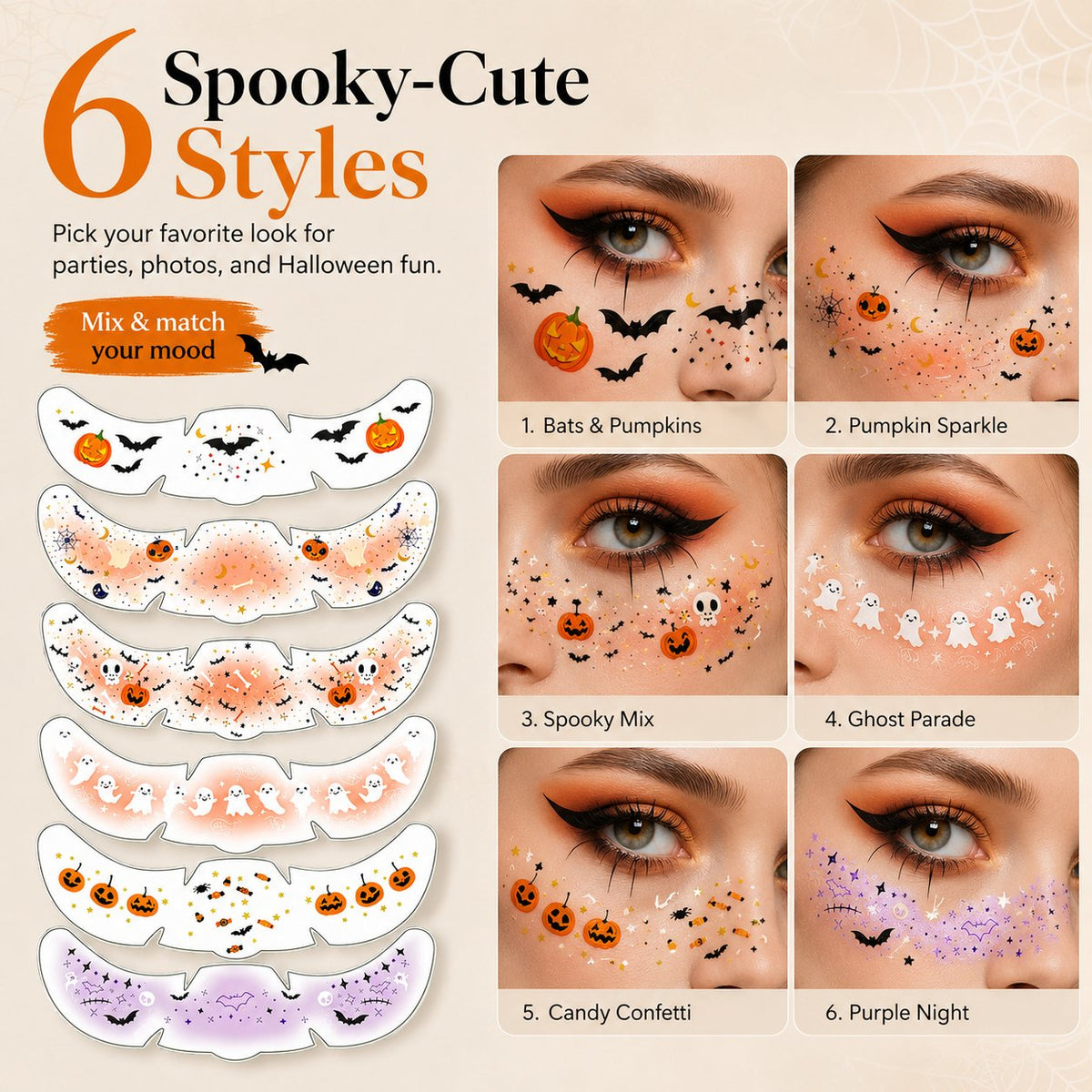 🎃 Halloween Freckle Face Tattoos – 6 Spooky-Cute Designs