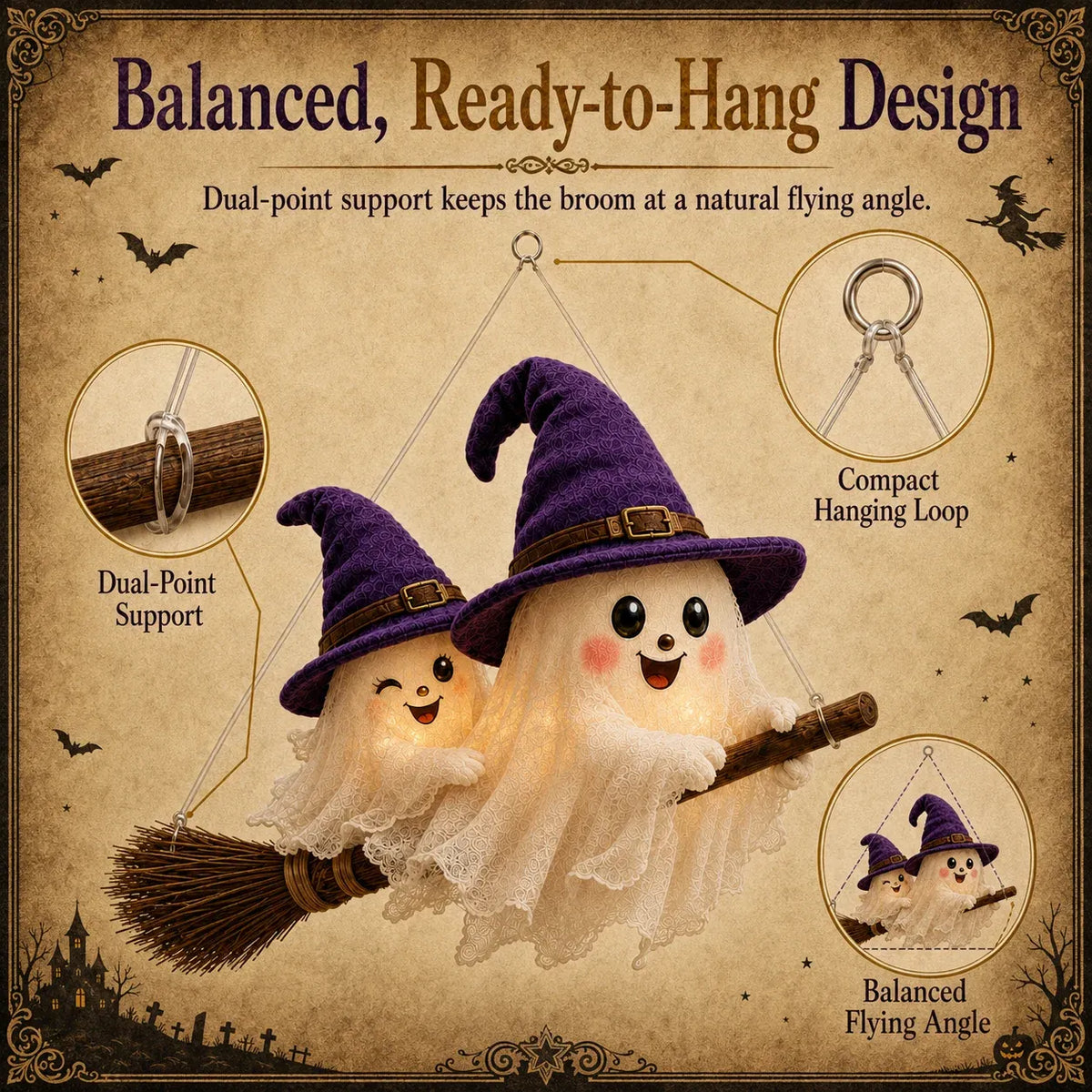 🔥 LAST DAY 49% OFF 🎃 Moonlight Mischief Lighted Ghost Broom Hanger