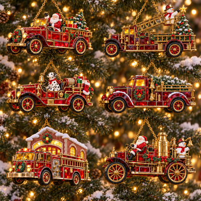 🚒🎄2026 Vintage Fire Truck Christmas Ornaments – Set of 6 | Stained-Glass Style with Festive Holiday Scenes & Golden Accents
