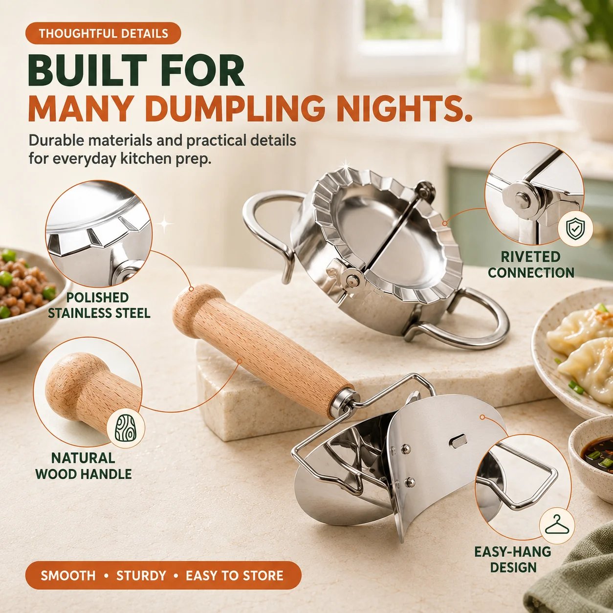 🥟 4‐in‐1 Dumpling Maker Set – Roll, Fill, Press & Seal – Stainless Steel