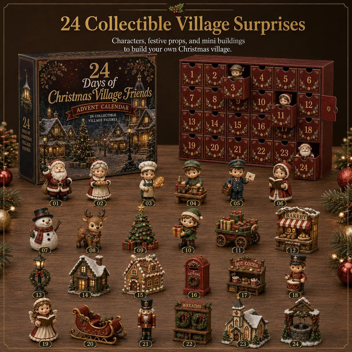 ⏳ Last Day 49% OFF – 🎄 24 Days Of Christmas Village Friends Advent Calendar | 24 Unique 2D Flat Printed Characters, Shops & Holiday Designs for a Complete Festive Village ✨