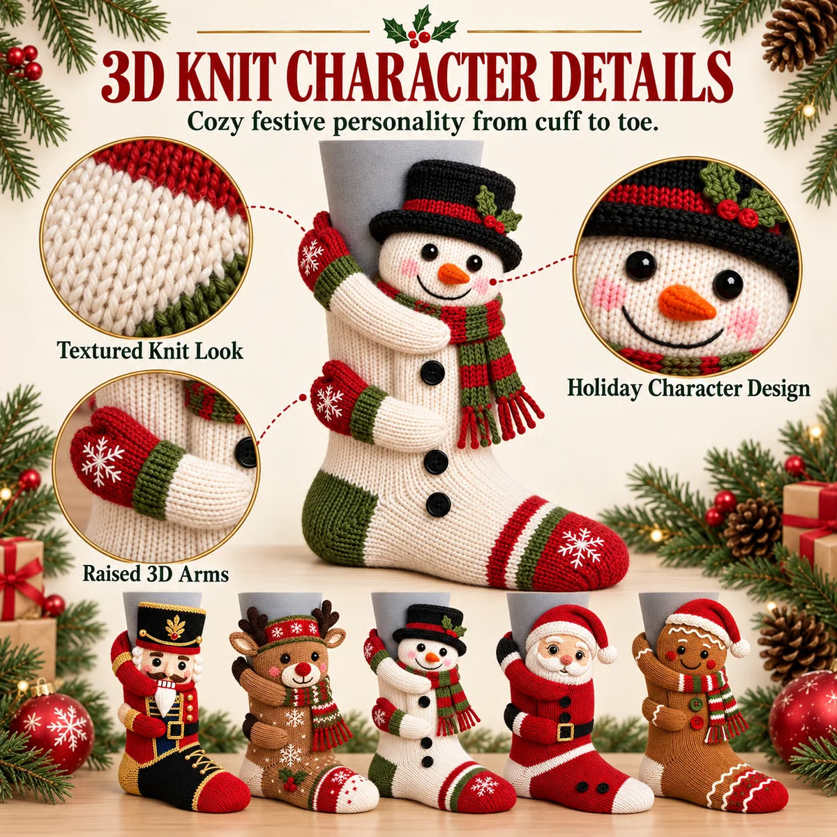 🎄 3D Hugging Christmas Character Socks – Cozy Knit Holiday Gift Socks