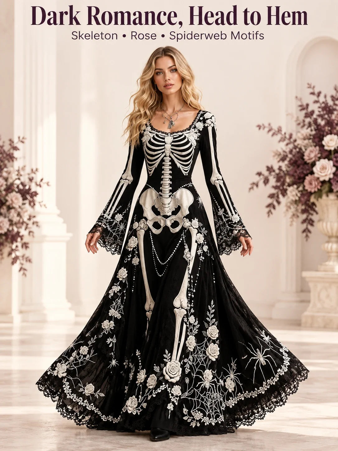 👗Gothic Skeleton Maxi Dress for Halloween | Bell Sleeve 🕸️