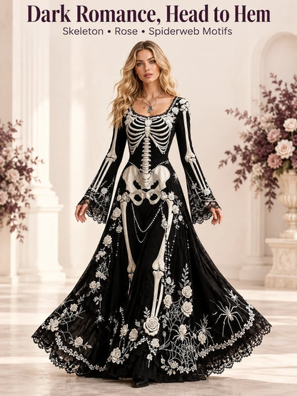 👗Gothic Skeleton Maxi Dress for Halloween | Bell Sleeve 🕸️