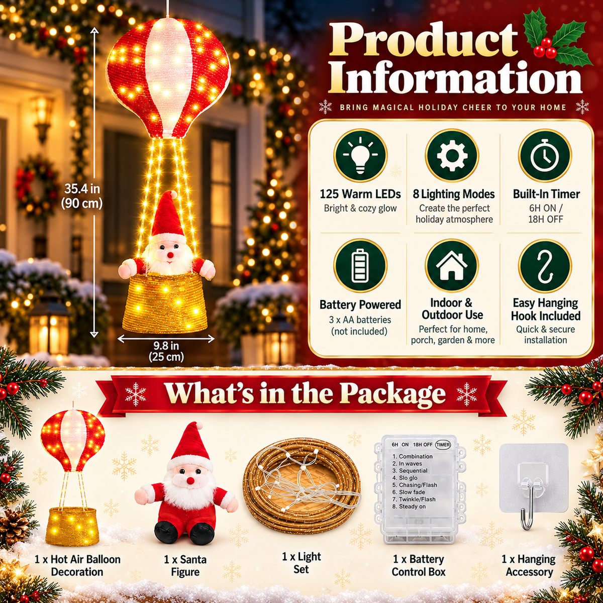 🎅  Santa Hot Air Balloon Christmas Lights – 125 LED Hanging Holiday Decoration ✨