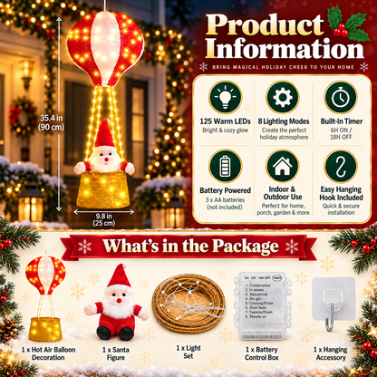 🎅  Santa Hot Air Balloon Christmas Lights – 125 LED Hanging Holiday Decoration ✨