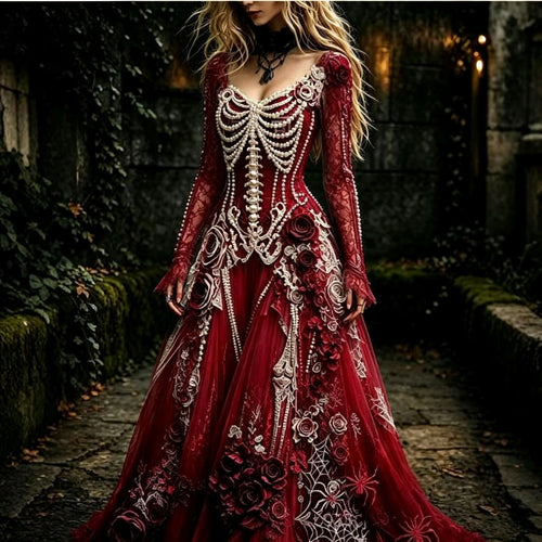 🌹 Gothic Skeleton & Rose Maxi Dress – Vintage Halloween Long Sleeve Dress