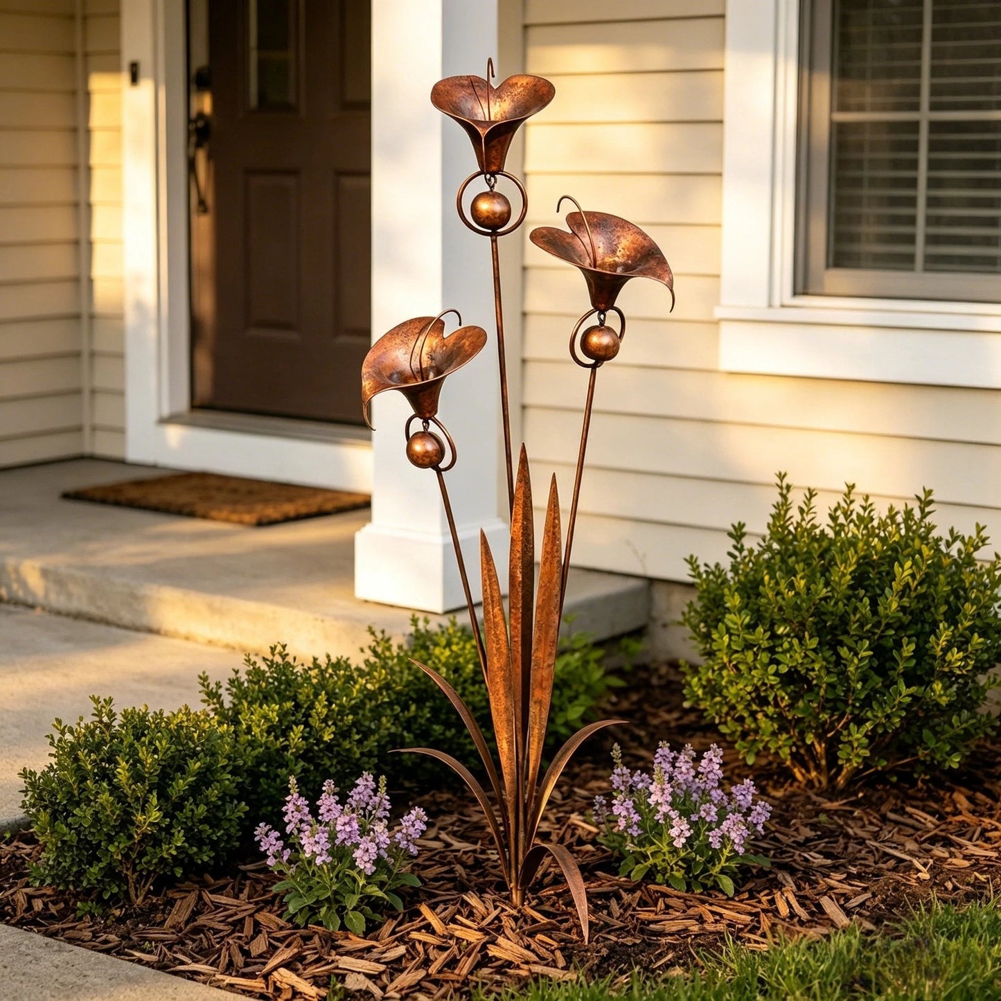 🏡Flamed Copper Three Calla Lilies Garden Stake with Bells