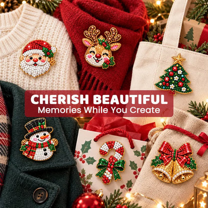 🎄Beginner-Friendly Christmas Diamond Painting Brooch DIY Kit | 6 Festive Designs with Sparkling Gems & Pin Backs 💎